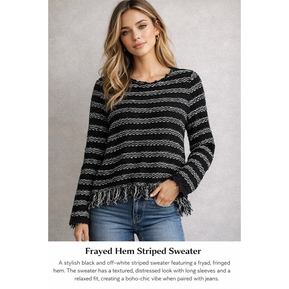 Chico's Black White Striped Fringe Hem Sweater Long Sleeve Boho Size 3 US Large